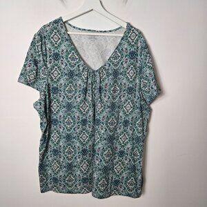 Charter Club Women's Size 3X Teal Printed Lightweight V-Neck Short Sleeve Top